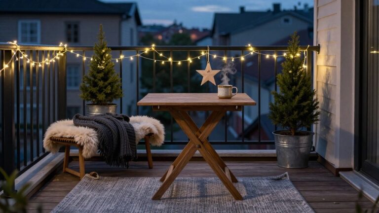 22 Elegant Balcony Christmas Light Ideas That Spark Holiday Charm From Above Balcony deck at dusk featuring string lights along black metal railing, two small potted fir trees in metal buckets, wooden folding bench with sheepskin rug, gray knit blanket, ceramic mug with steam, hanging wooden star, and cityscape view.