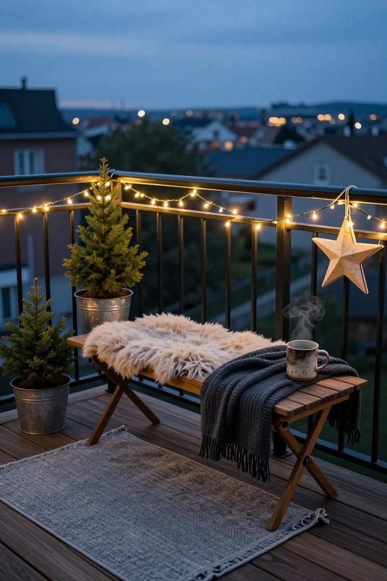 Balcony deck at dusk featuring string lights along black metal railing, two small potted fir trees in metal buckets, wooden folding bench with sheepskin rug, gray knit blanket, ceramic mug with steam, hanging wooden star, and cityscape view.