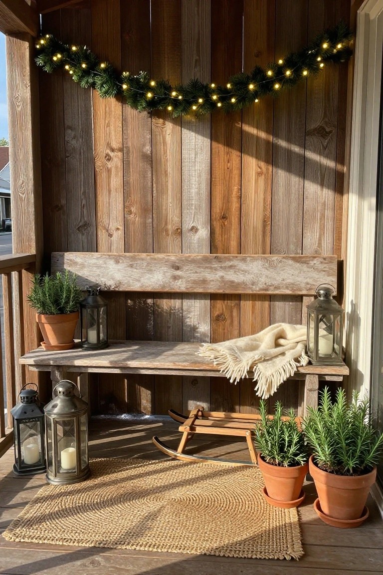 Wooden balcony nook featuring a weathered bench with a white fringed blanket, potted rosemary plants, metal lanterns with candles, evergreen garland strung with white lights along the paneled wall, and a round seagrass rug on the deck floor.