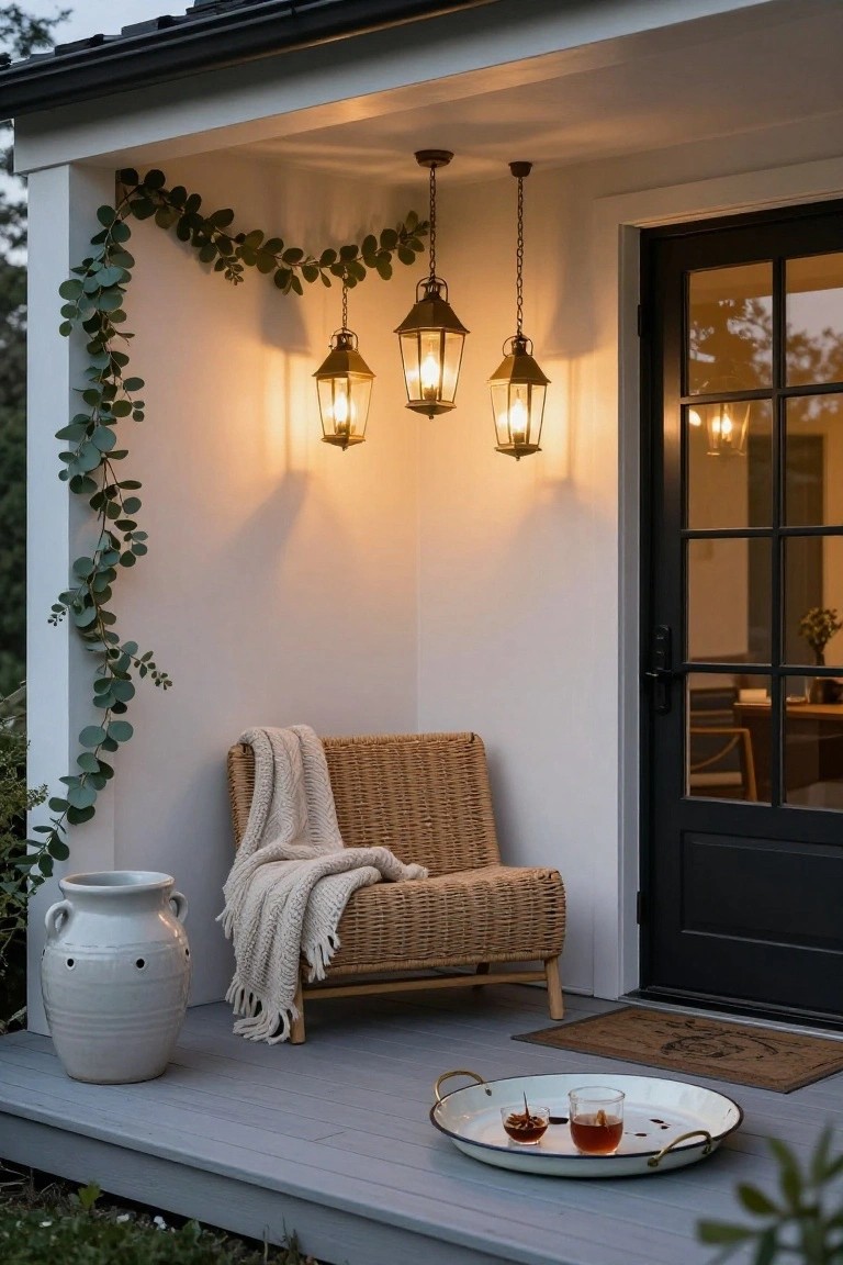 White porch with black-framed glass door, three hanging brass lanterns wrapped in eucalyptus garland emitting warm light, rattan chair with white throw blanket, tall white vase, and enameled tray holding drinks on gray deck boards.