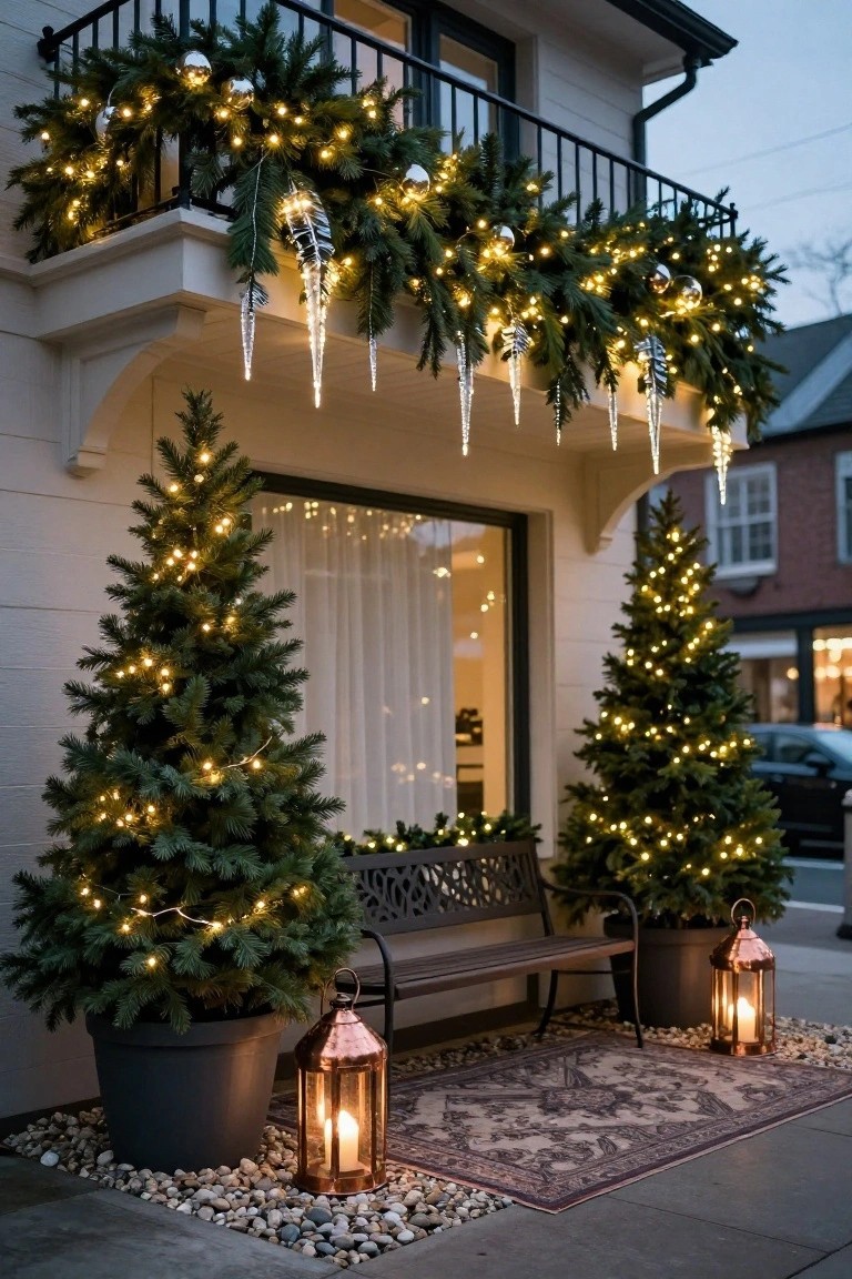 White house exterior featuring Christmas garlands with silver ornaments and dangling icicle lights on a black metal balcony railing above potted lit evergreen trees, a metal bench, copper lanterns, and a rug on a stone walkway.