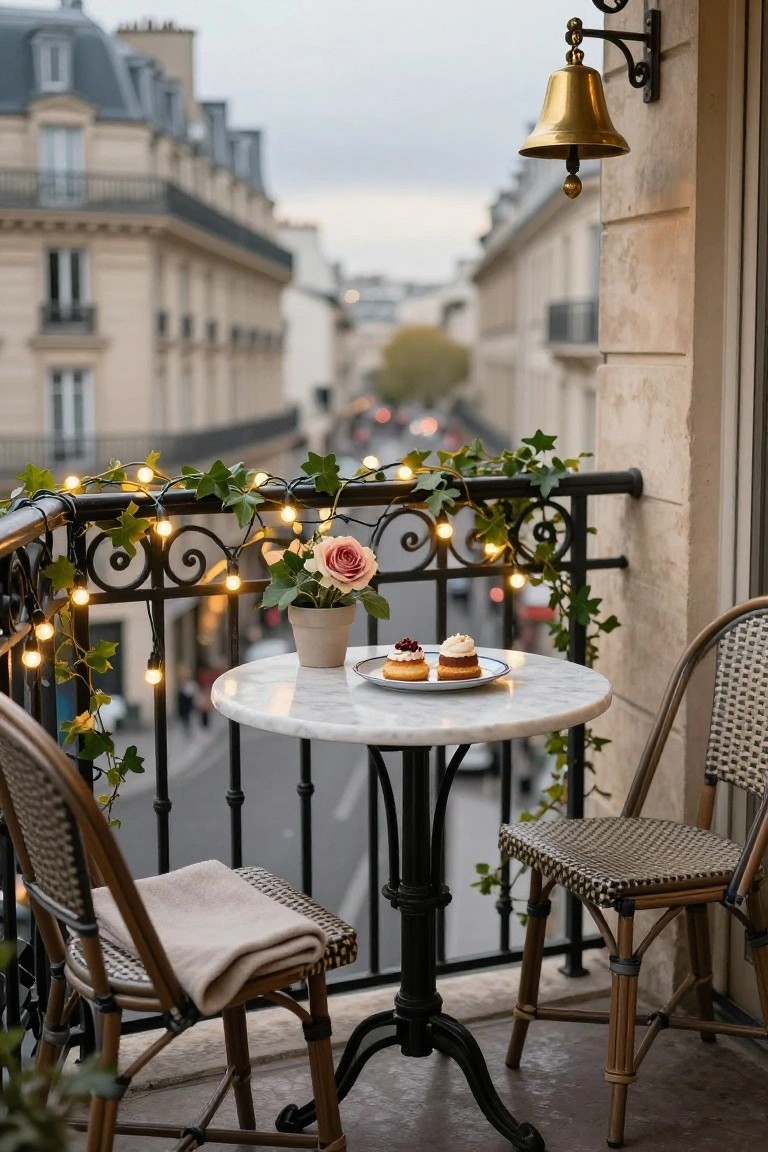 Parisian balcony at dusk with wrought-iron railing draped in string lights and ivy, marble pedestal table holding pastries and a pink rose in a pot, two wicker bistro chairs, overlooking cobblestone street.