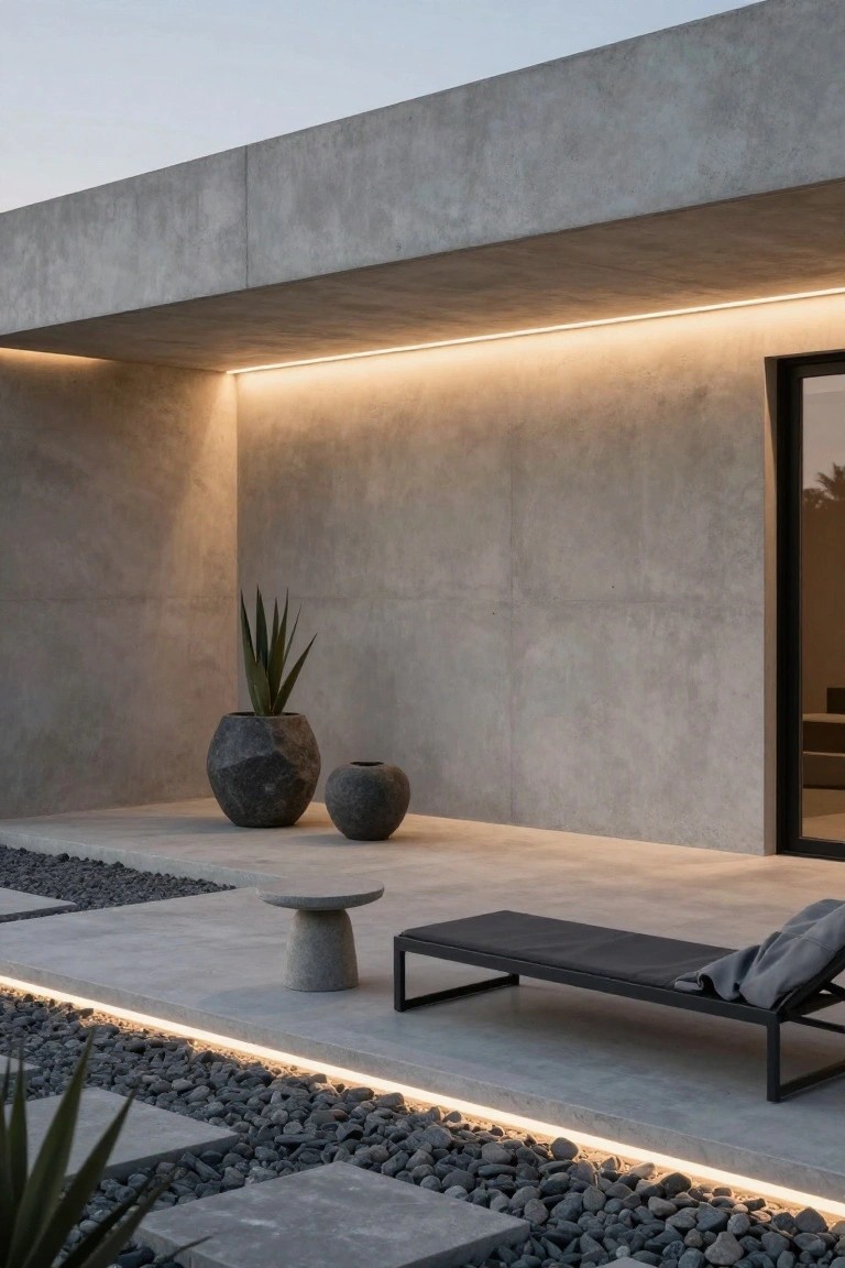 Modern concrete terrace featuring a black lounge chair with gray blanket, stone side table, two black stone pots with agave plants, pebble and slab ground cover, integrated LED light strips, and adjacent concrete wall with black-framed glass door.