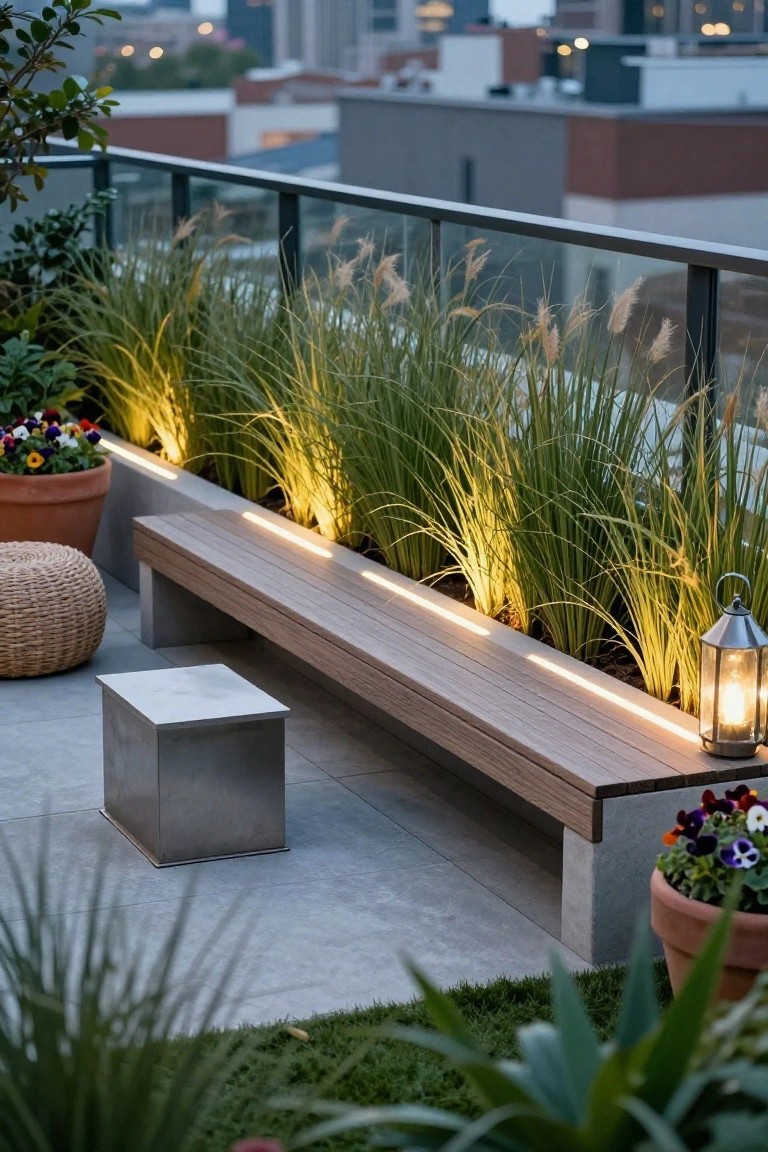 Rooftop balcony with wooden bench along edge planters of tall illuminated grasses, LED strips glowing behind plants, potted flowers, wicker stool, metal lantern, city skyline at dusk.