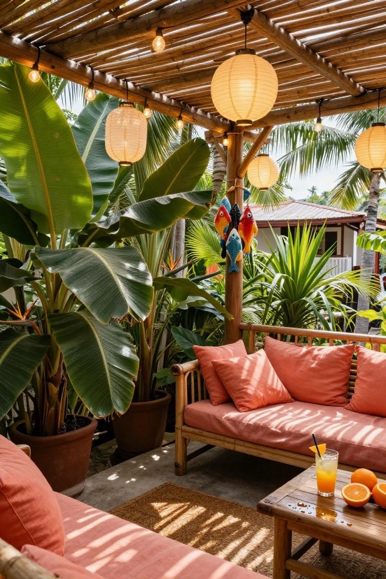 Outdoor lounge with orange cushions on a bamboo bench under a thatched pergola strung with paper lanterns and string lights, surrounded by tropical plants and a wooden table holding drinks and oranges.