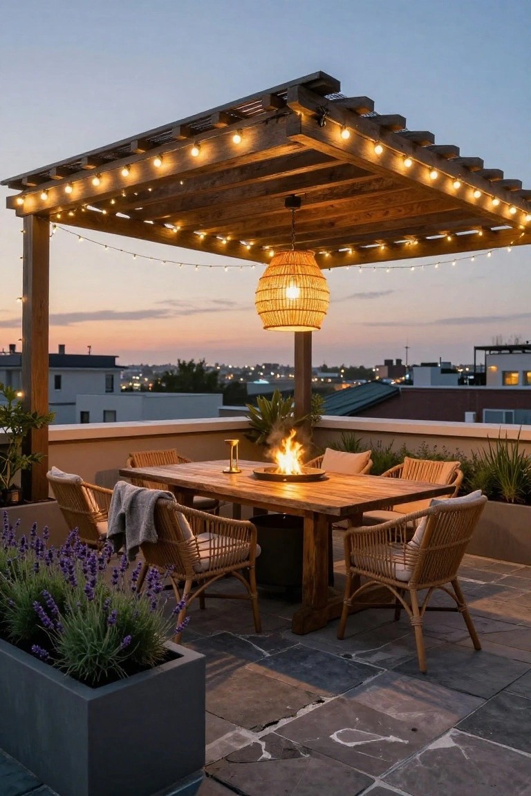 Rooftop terrace dining area under wooden pergola with draped warm string lights and rattan pendant lamp, featuring teak table with rattan chairs, gas fire pit, potted lavender and palms, on slate tile patio at sunset with cityscape view.