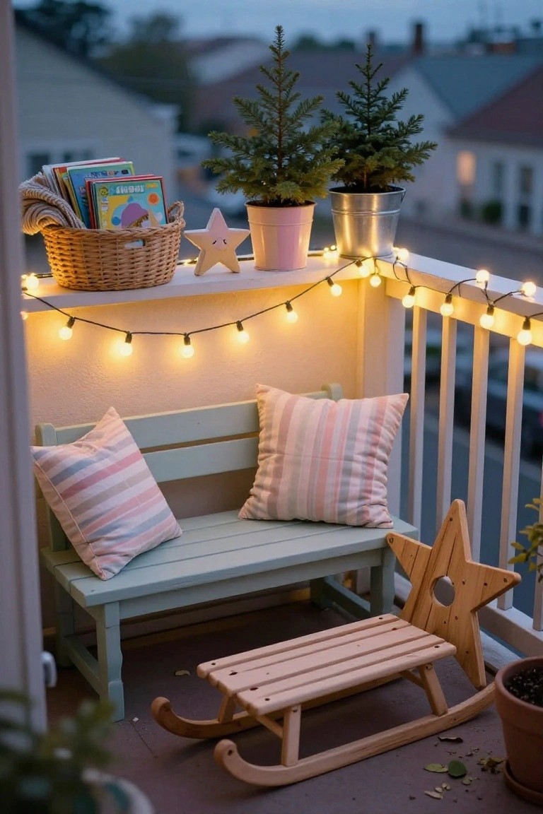 Balcony at dusk with warm string lights draped along the white railing, mint green wooden bench with pink striped pillows, small potted Christmas trees in pink and metal buckets, wicker basket of children's books, wooden star ornaments, and wooden sled on the floor.