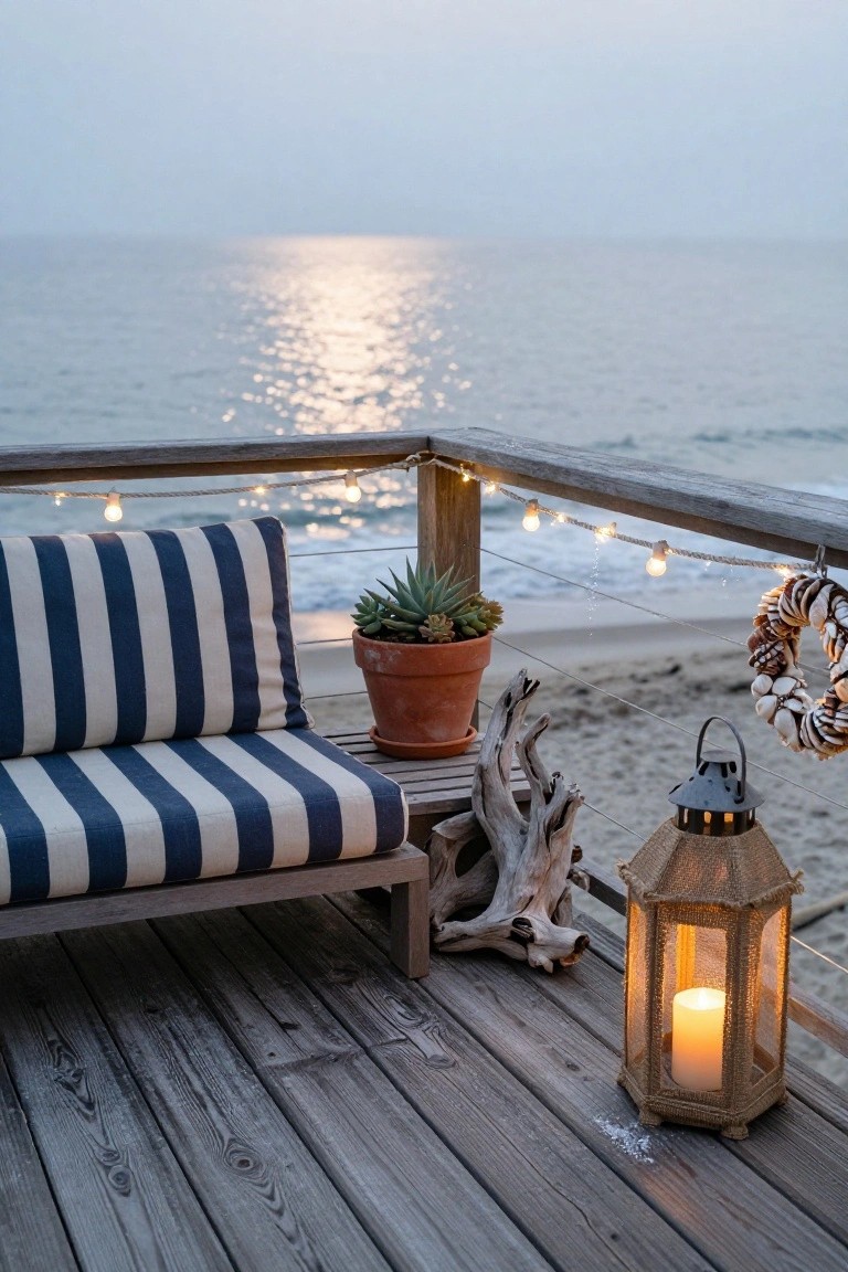 Wooden balcony deck with blue-and-white striped bench cushions, potted succulents, driftwood, shell wreath, lit lantern, and string lights along rope on railing, overlooking ocean at dusk.