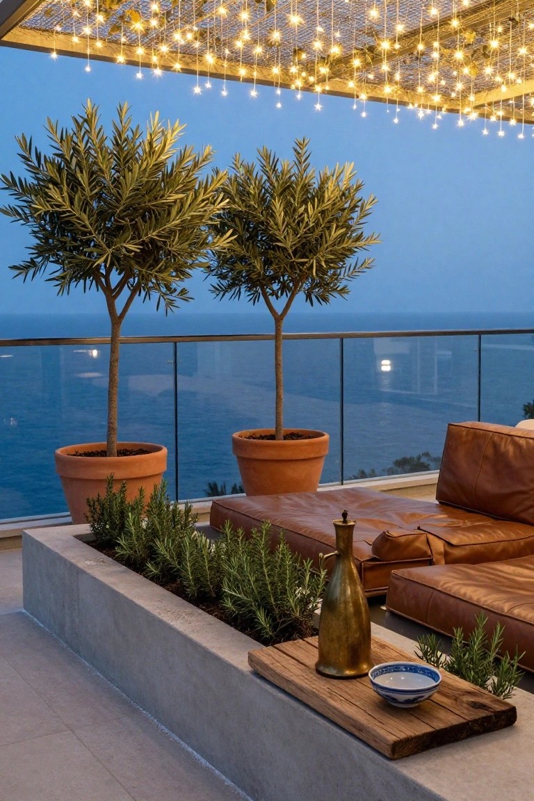 Balcony at dusk featuring potted olive trees, rosemary in terracotta pots and concrete bed, leather sofa, brass vase and blue bowl on wooden tray, glass railing with sea view, and string lights hanging from overhead wire frame.