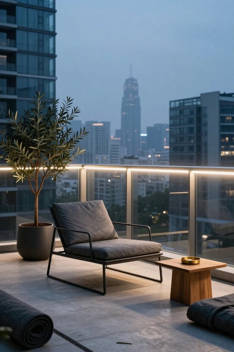 Modern balcony terrace at dusk featuring a potted olive tree, gray lounge chair, wooden side table with gold bowl, rolled gray towel on concrete floor, LED strip lights glowing along glass railing, and city skyline view.