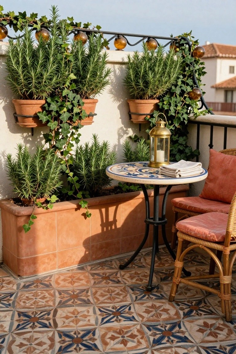 Cozy balcony with potted rosemary, ivy, a mosaic table, and wicker chairs.