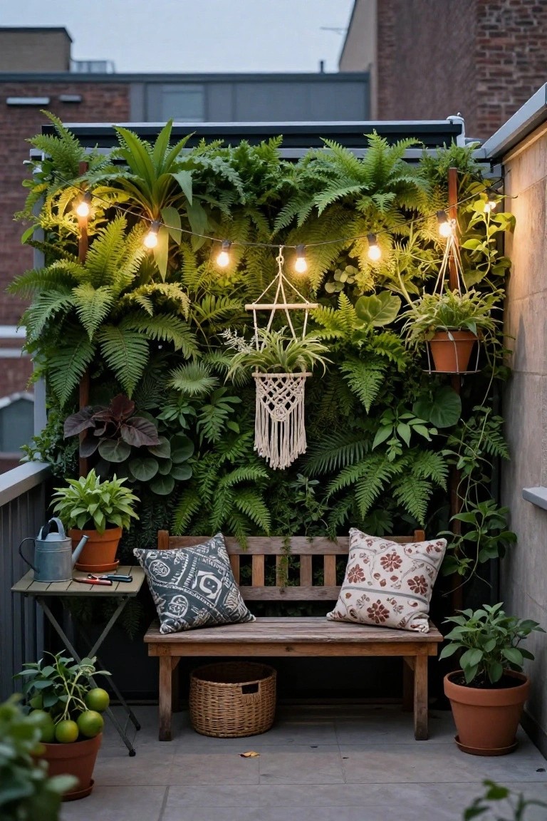 Balcony nook with wooden bench, cushions, potted plants, fern-covered wall, macrame hanger, watering can on table, basket, and warm string lights draped overhead against urban brick buildings at dusk.