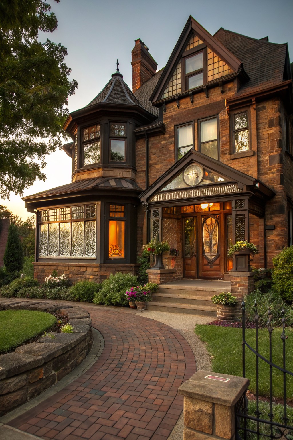 Brown brick Victorian house exterior with octagonal corner turret, gabled front porch entry featuring double wood doors and clock detail, curved brick pathway, stone walls, flower planters, and iron fence.