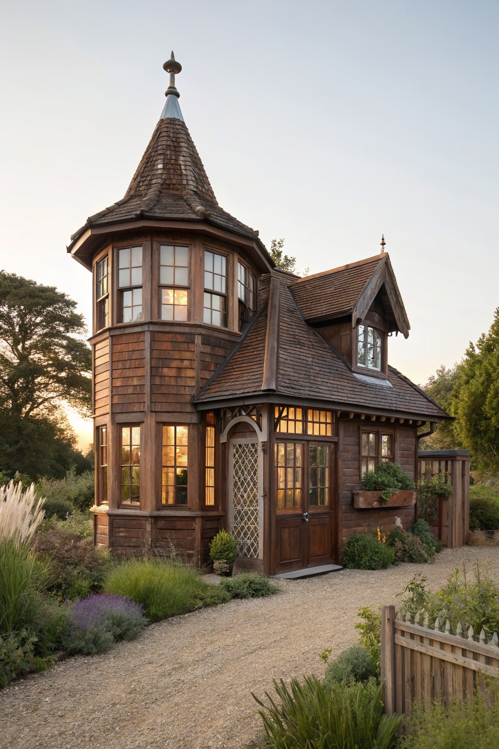 Small brown shingled house with octagonal turret, steep roofs, multi-paned windows, arched entry door, gravel path, and surrounding garden plants at dusk.