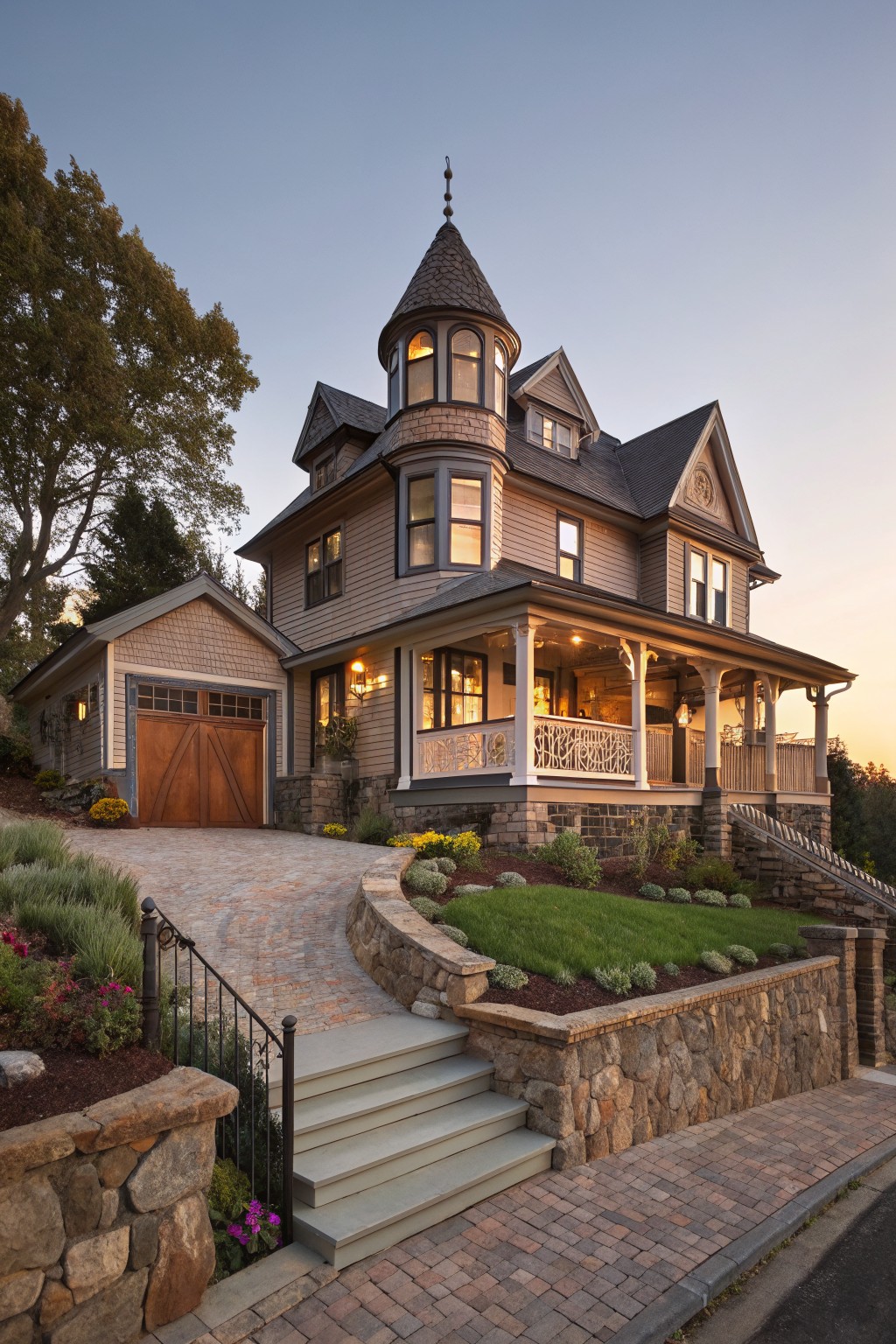 Brown shingled Victorian house exterior with corner turret, wraparound porch, attached garage, stone retaining walls, steps, and landscaping on a sloped lot at dusk.