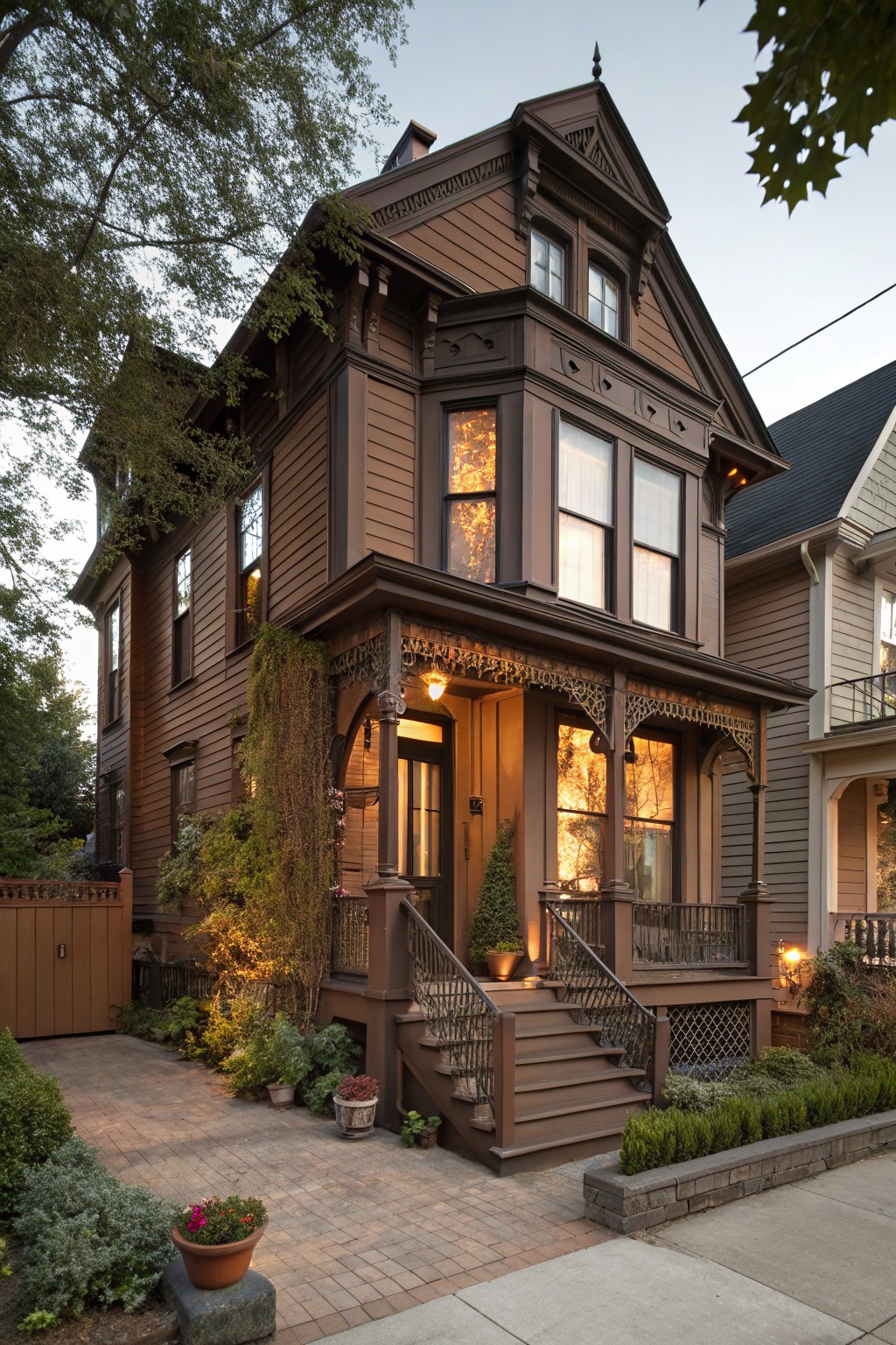 A two-story brown Victorian house exterior with ornate wood trim, large windows, a covered porch with stairs, and front landscaping on a paved entry path at dusk.