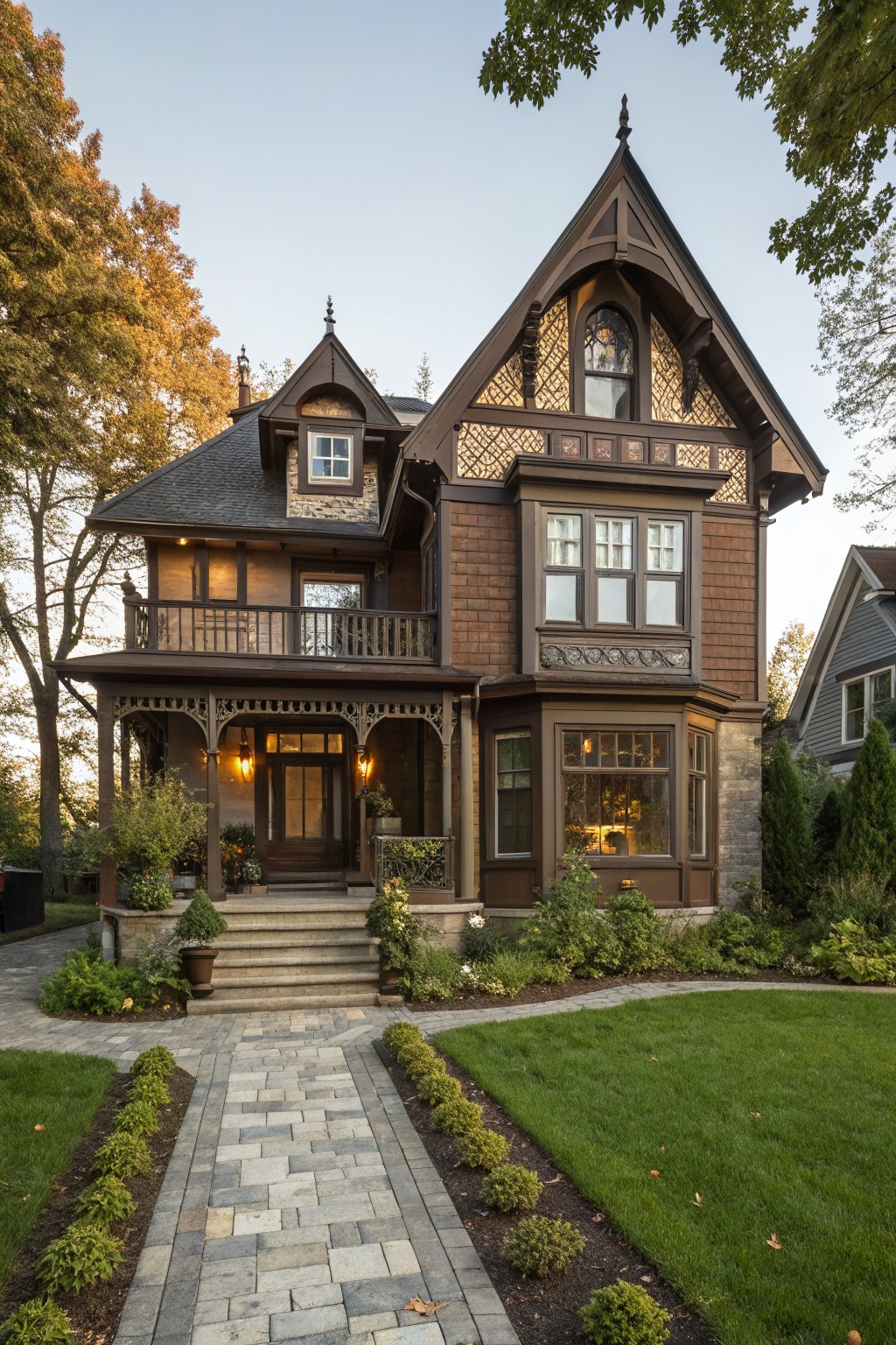 Two-story brown shingled Victorian house with gabled roofs, patterned shingles, bay windows, front porch, stone steps, brick walkway, landscaped yard, and autumn trees.