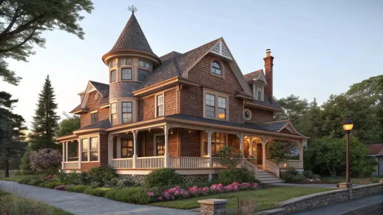 Brown shingled Victorian house exterior with a tall round turret tower, wraparound porch, multiple windows, brick chimney, and front garden with pink flowers along a brick pathway.