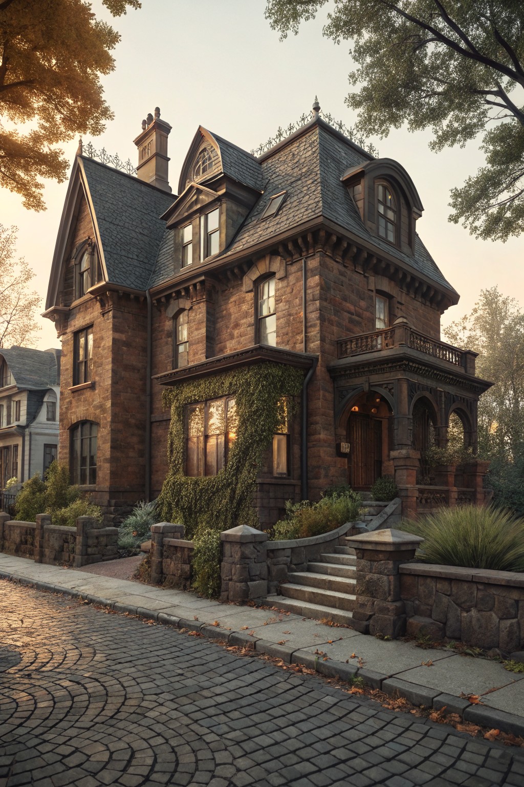 Brown brick Victorian house with ivy climbing the walls and bay windows, ornate arched porch, stone steps and walls, surrounded by trees and a cobblestone street.