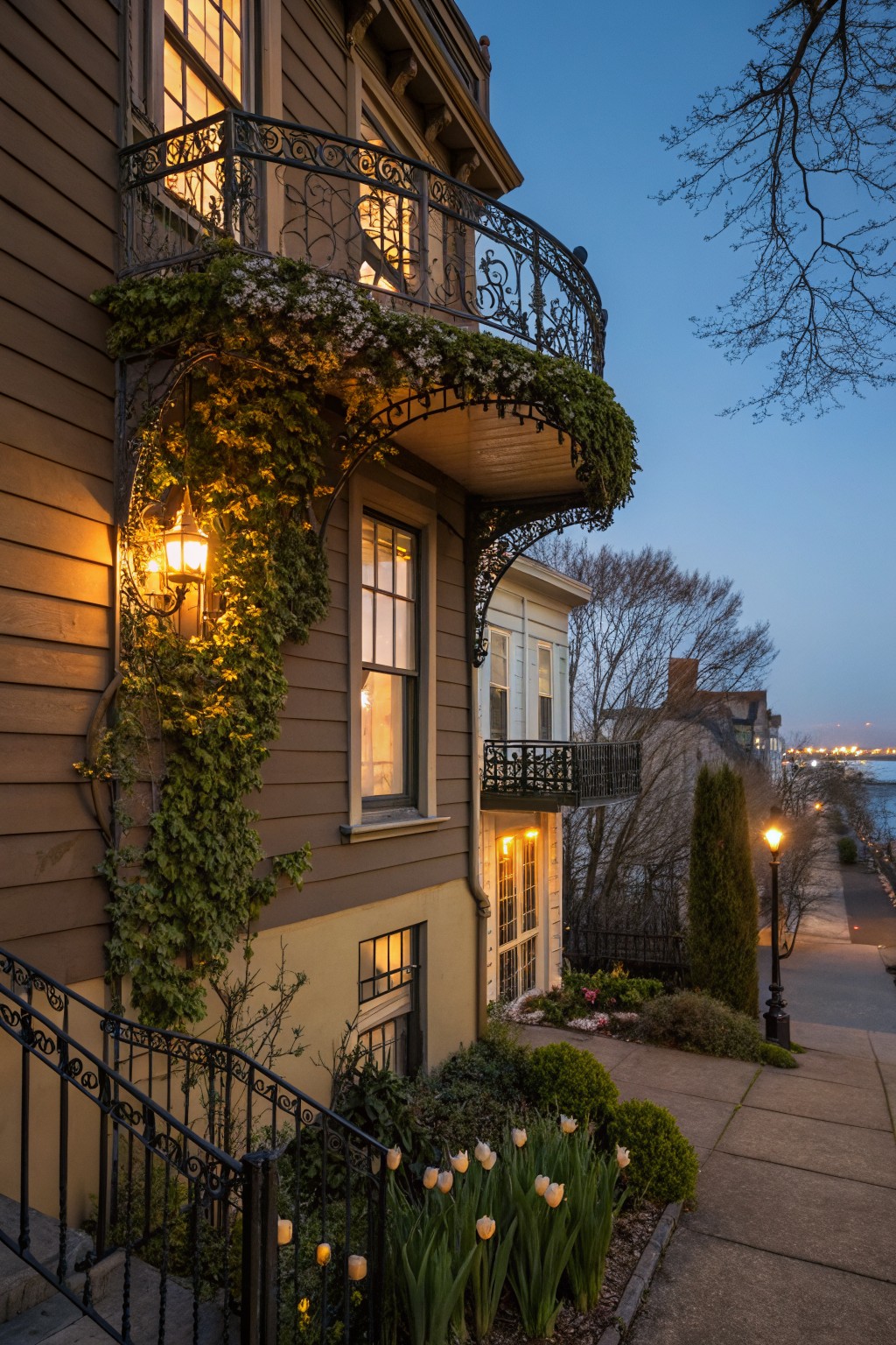 Brown shingled Victorian house exterior at dusk with ivy-covered wrought-iron balcony, glowing lanterns, tulip garden by front steps, and nearby white house and streetlights.