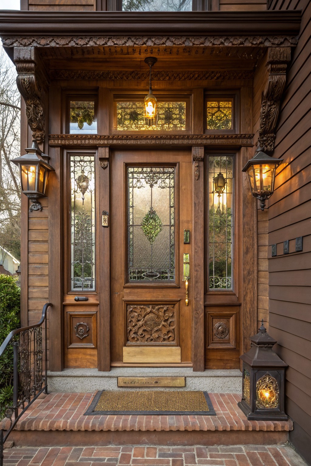 Brown wooden Victorian house front entrance featuring a carved door with stained glass panels and sidelights, flanked by lanterns, on brick steps with a welcome mat.