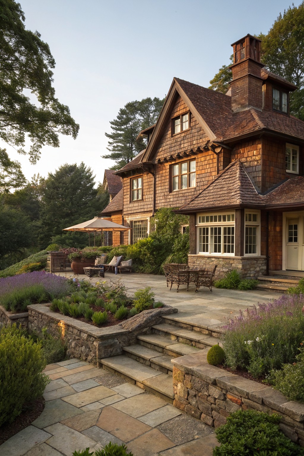 Brown shingled Victorian house exterior on a slope with gabled roofs, stone retaining walls, patio furniture, steps, and surrounding trees and plantings.