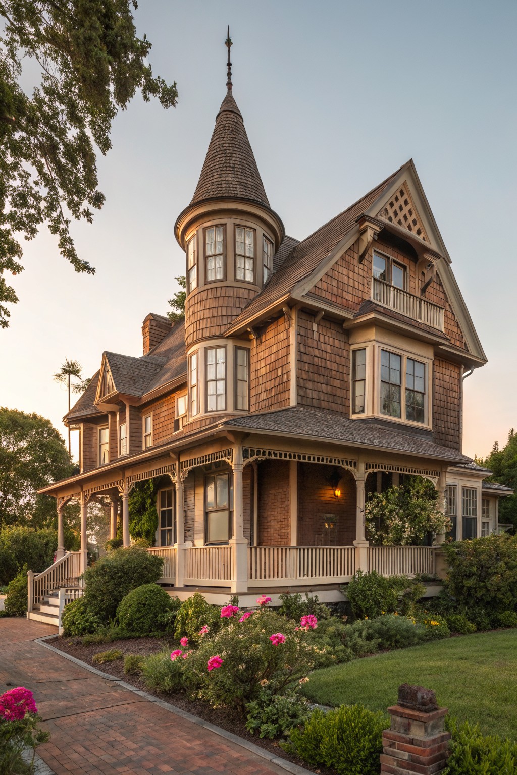 Brown shingled Victorian house exterior with a tall round turret tower, wraparound porch, multiple windows, brick chimney, and front garden with pink flowers along a brick pathway.