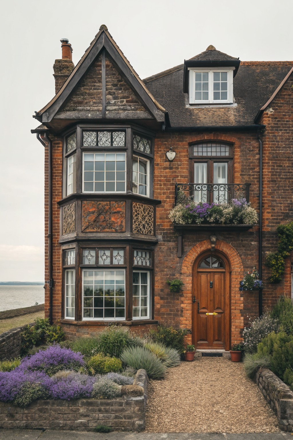 A two-story brown brick Victorian house exterior featuring half-timbered bay windows, a wrought-iron balcony with flower boxes, arched wooden front door, gravel path, and low purple flowering plants in a front bed by the water.