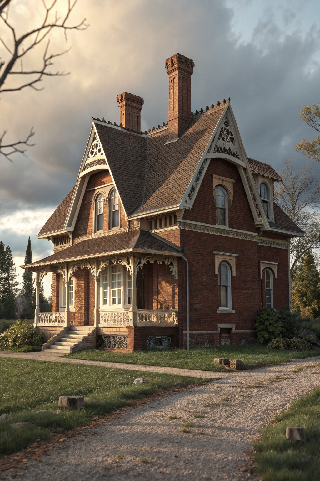 A two-story red brick Victorian house with white trim, ornate gables, wraparound porch, brick chimneys, arched windows, gravel path, lawn, and trees under a cloudy sky.