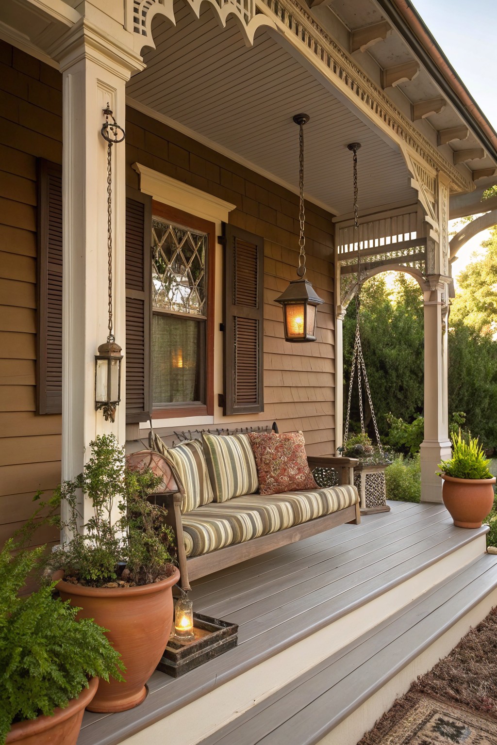 Brown shingle Victorian house porch featuring a hanging wooden swing with striped cushions and pillows, surrounded by potted plants, lanterns, and a hanging basket.