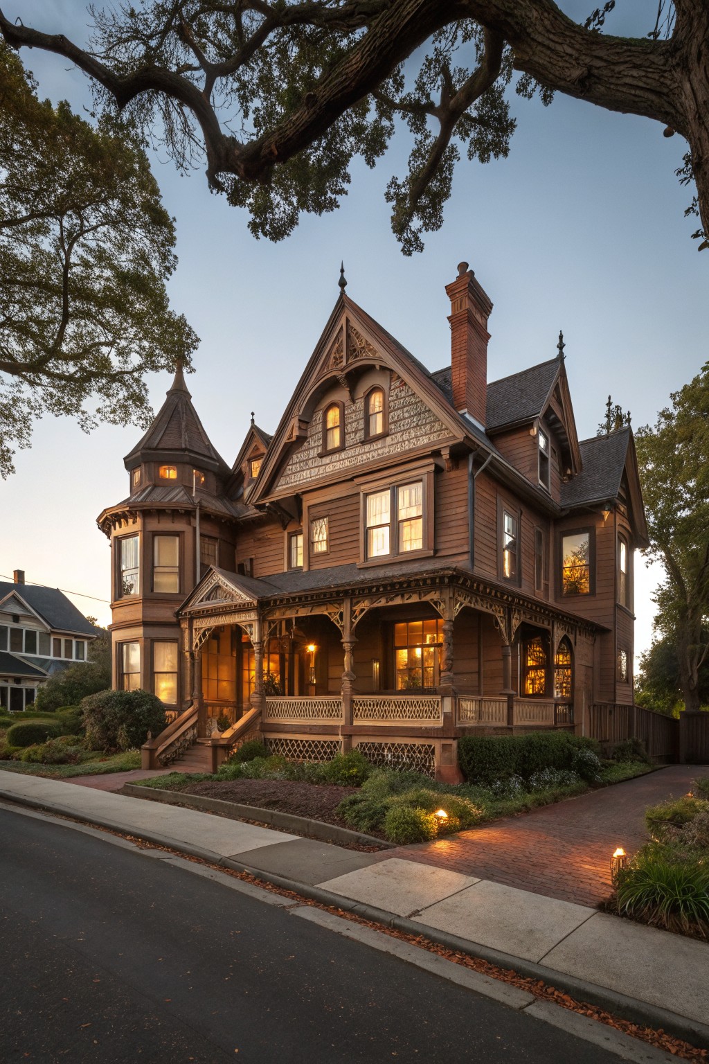 Brown shingled Victorian house exterior with conical turret tower, ornate wood trim, wraparound porch, brick chimney, garden lights, and oak trees at dusk.
