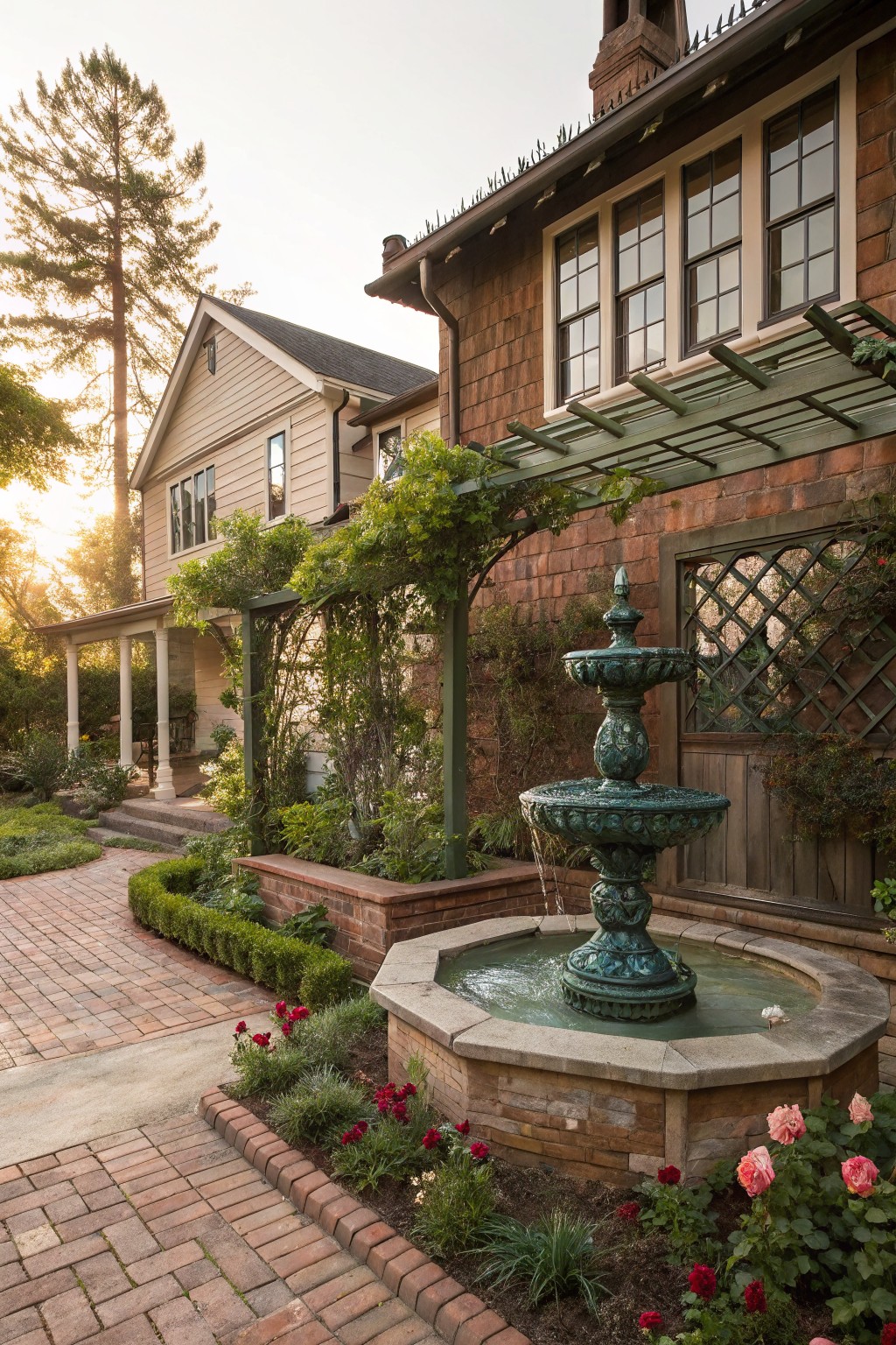A three-tiered green patina metal fountain in an octagonal stone basin centered in a brick-walled garden with a brick path, boxwood hedges, rose bushes, and vines on pergolas beside a brown brick house exterior.