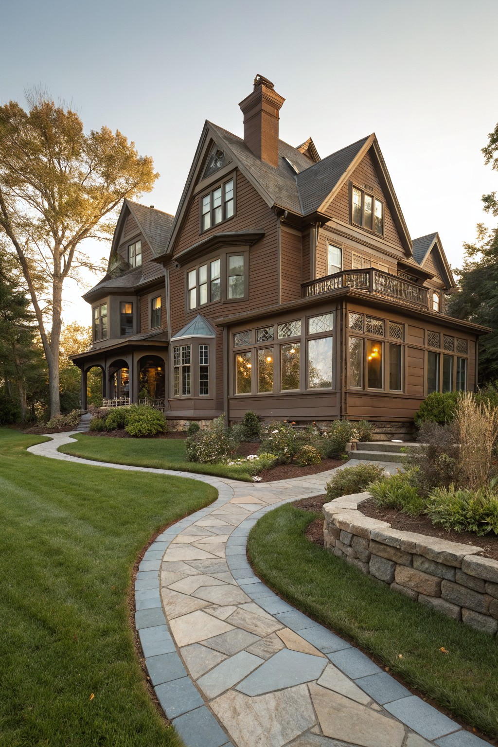 Brown shingled Victorian house with multi-gabled roof, wraparound porch featuring tall windows and stained glass, curving bluestone pathway through lawn, stone retaining walls, and fall plantings.