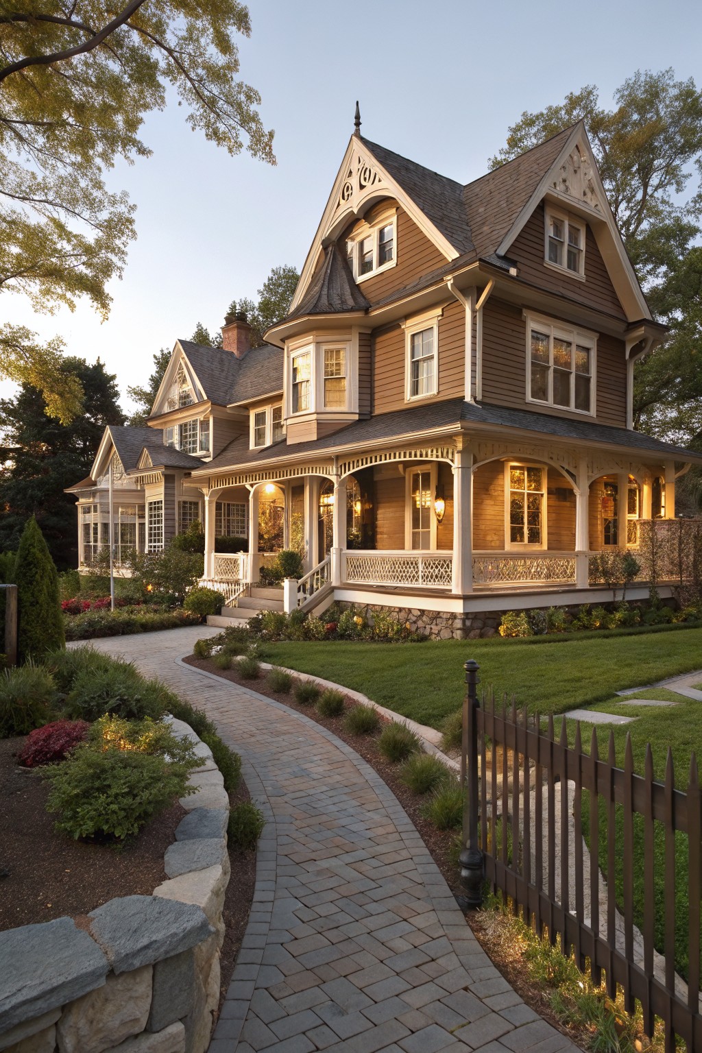 Brown shingle-style Victorian house with wraparound front porch, gabled roofs, white trim details, brick pathway, stone wall, and landscaped front yard at dusk.