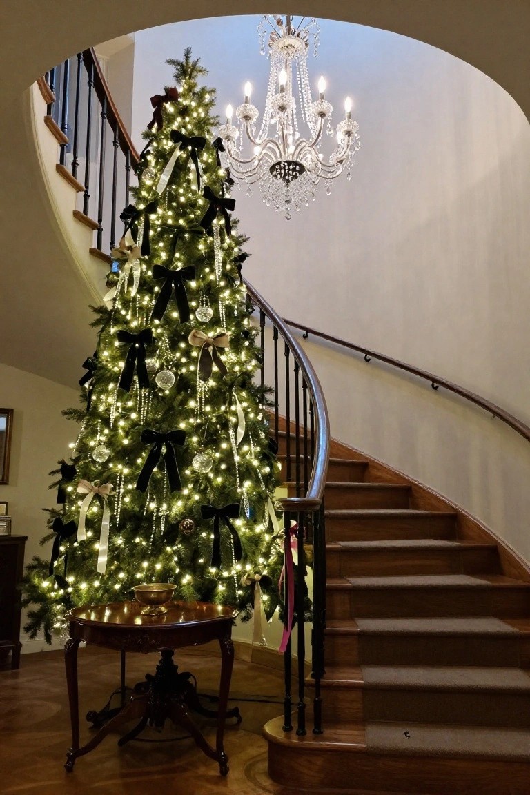 A tall artificial Christmas tree decorated with multiple black velvet ribbons, white string lights, crystal ornaments, and beaded strands stands in a wood-floored foyer beside a curved wooden staircase lit by a large crystal chandelier.