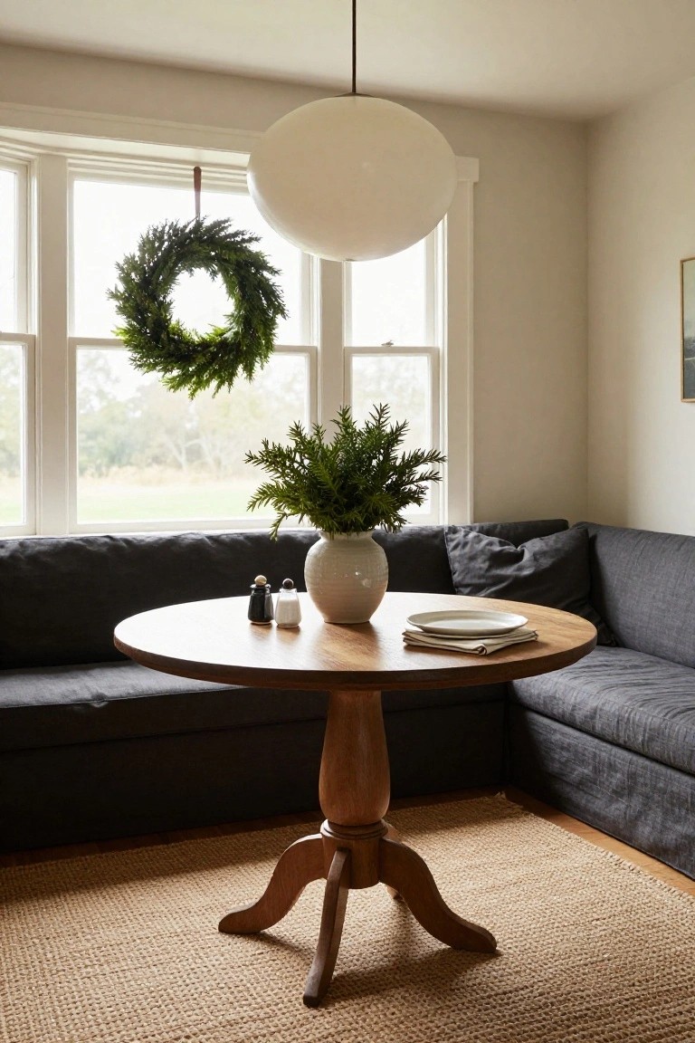 Corner indoor seating area with gray linen bench sofa, round wood pedestal table holding salt and pepper shakers, white plate and napkin stack, ceramic vase of evergreen branches, evergreen wreath on window, white globe pendant light above, seagrass rug on wood floor.