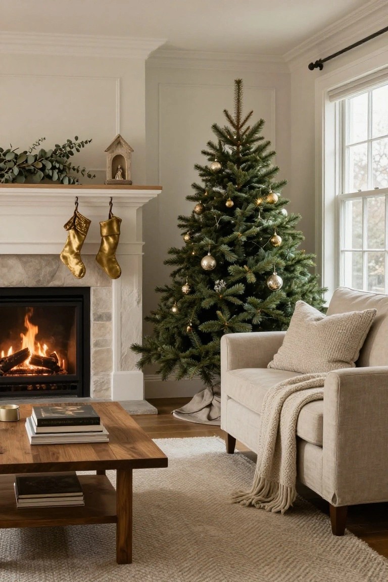 Living room corner featuring a lit Christmas tree decorated with gold ornaments next to a stone fireplace mantel with two gold stockings hanging from it, beside a beige armchair and wooden coffee table.