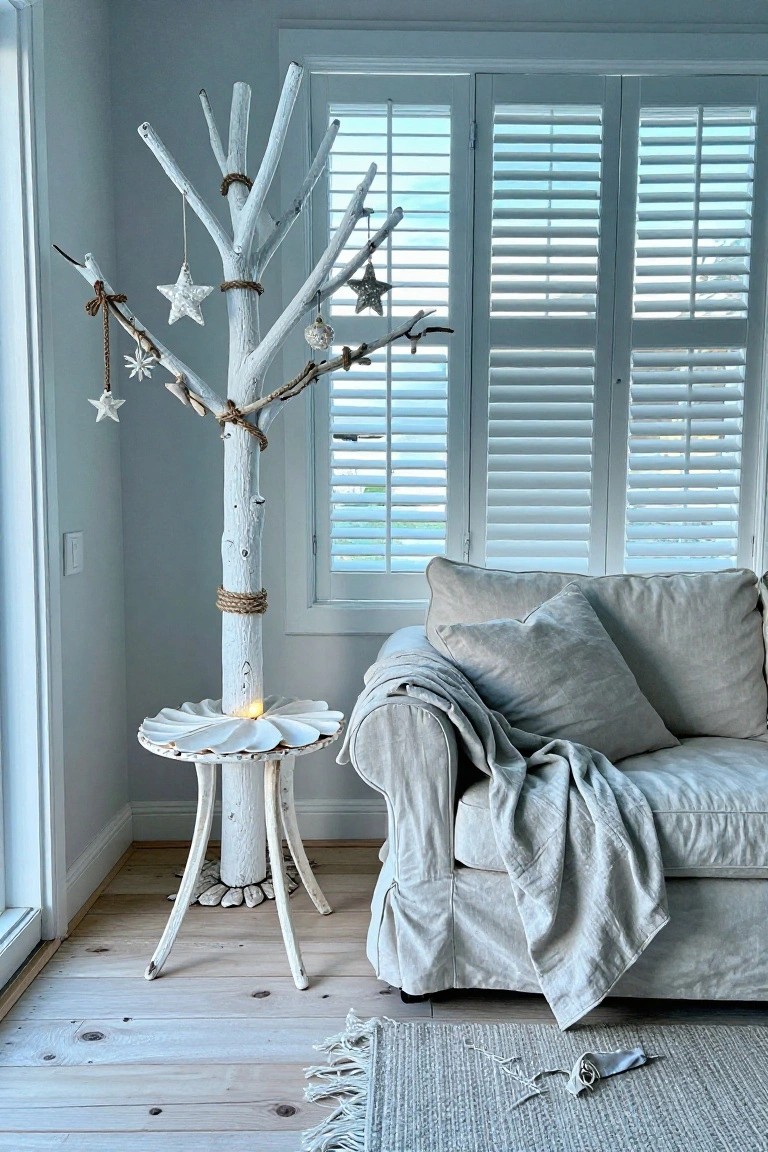 A tall white driftwood Christmas tree decorated with white star and snowflake ornaments stands next to a beige linen sofa and side table in a light blue room with white plantation shutters and wooden floors.