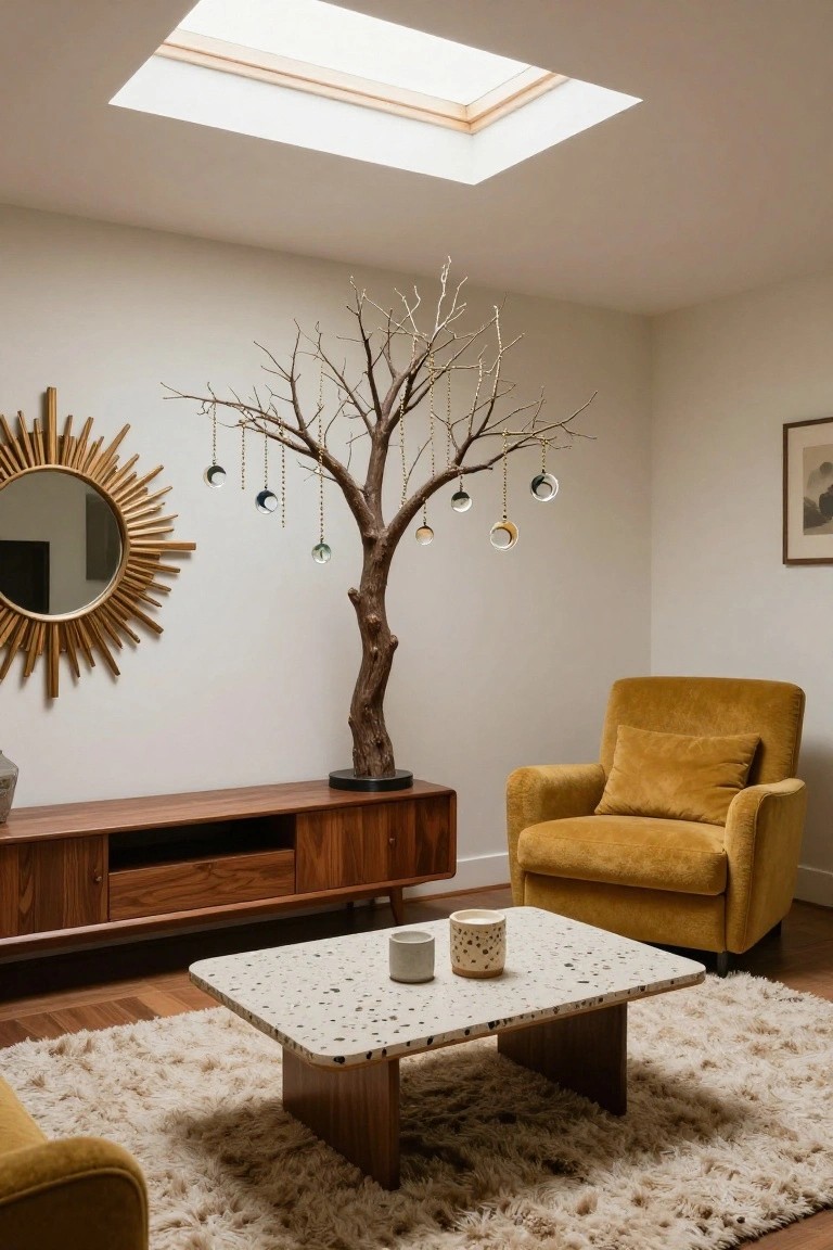 Interior room with white walls, skylight ceiling, tall bare tree hung with glass orb ornaments, gold sunburst mirror, yellow velvet armchair, wooden media cabinet, terrazzo coffee table, and cream rug on wood floors.