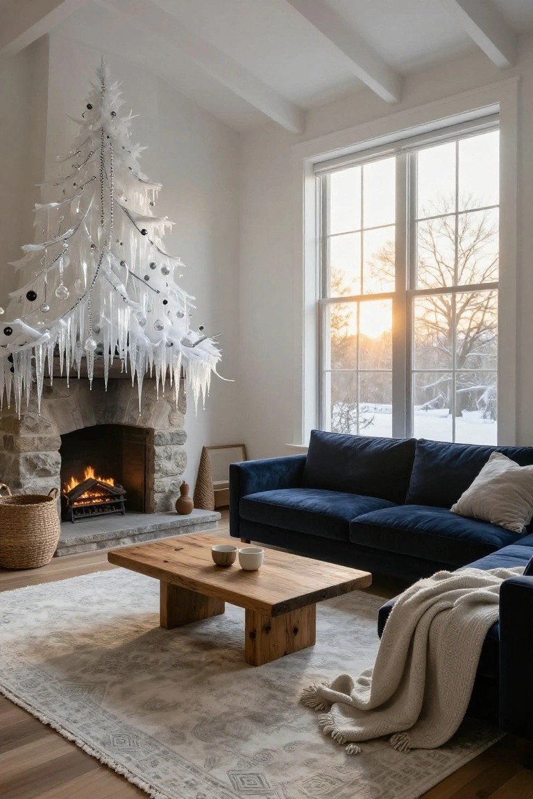 A tall artificial Christmas tree made of white feathers with icicle drips white ornaments and silver chains stands beside a stone fireplace in a living room with navy blue sofa wooden coffee table large windows and snowy view outside.