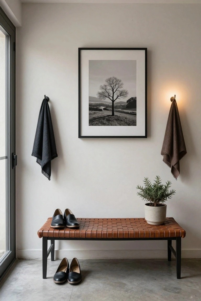 Indoor entryway featuring a cognac-colored leather bench with black loafers on top, a small potted evergreen plant in a white ceramic pot beside them, dark towels hanging from wall hooks on either side of a large black-framed black-and-white photo of a barren tree landscape, and a sliding glass door nearby.