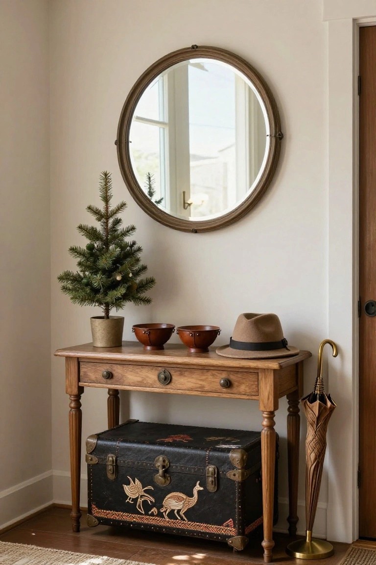 A small potted Christmas tree on a wooden console table in a light-colored entryway corner, with two ceramic bowls, a felt hat, a black embroidered trunk underneath, a round brass mirror above, and a wooden umbrella stand next to a door.