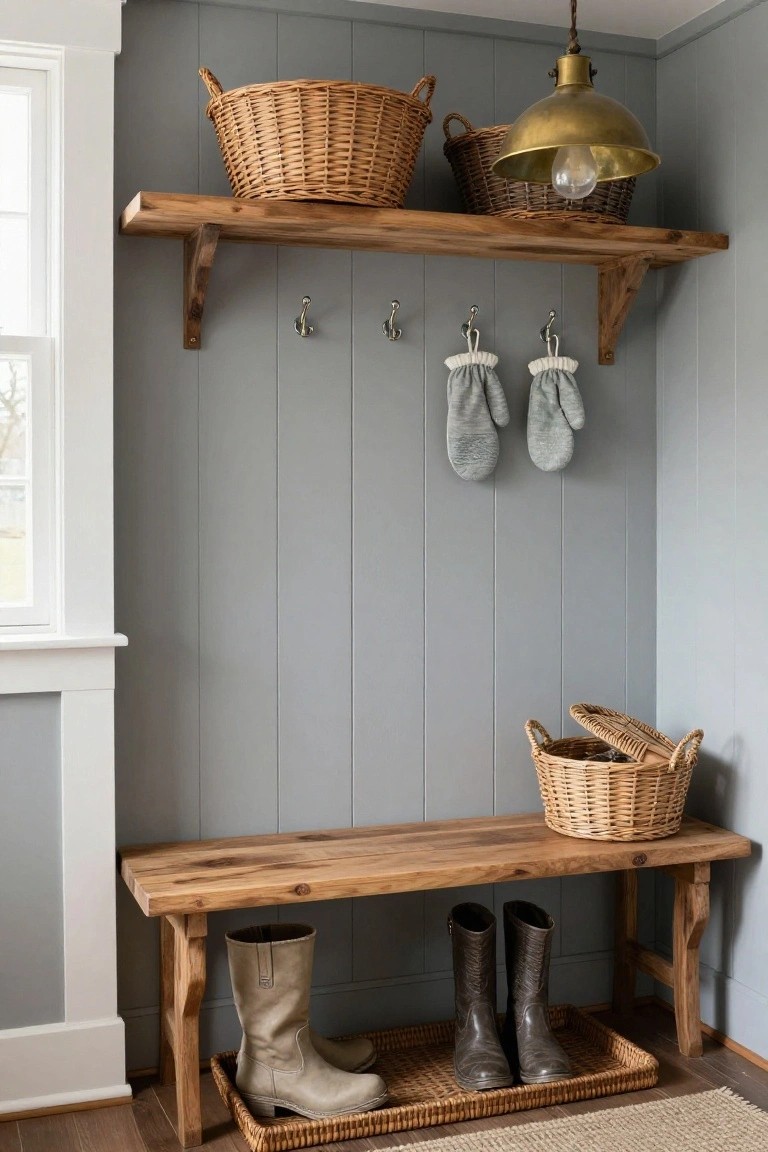 Gray shiplap wall in a mudroom with wooden shelves holding wicker baskets, hooks with gray knit mittens, wooden bench with tall leather boots on a wicker tray underneath, seagrass rug on hardwood floor.