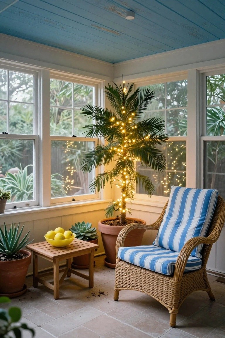 Sunroom with large windows, a potted palm tree wrapped in fairy lights, blue striped wicker armchair, wooden side table holding a yellow bowl of lemons, and various potted plants on a tiled floor.