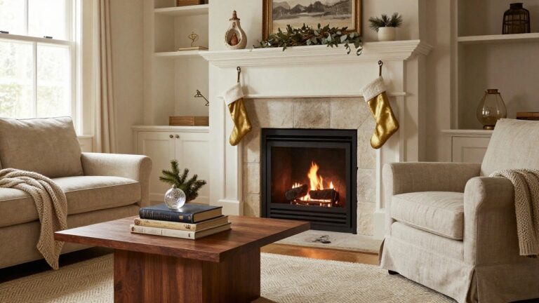 Living room corner featuring a lit Christmas tree decorated with gold ornaments next to a stone fireplace mantel with two gold stockings hanging from it, beside a beige armchair and wooden coffee table.