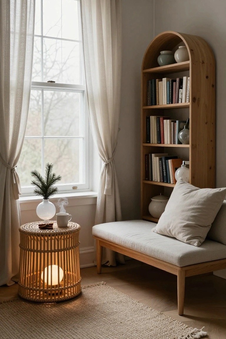 Cozy indoor corner featuring an arched wooden bookshelf filled with books and ceramics, a low daybed with pillows, rattan side table holding a mug and diffuser, sheer curtains at a window with a small fir branch in a white vase, and a woven rug on wood floors.