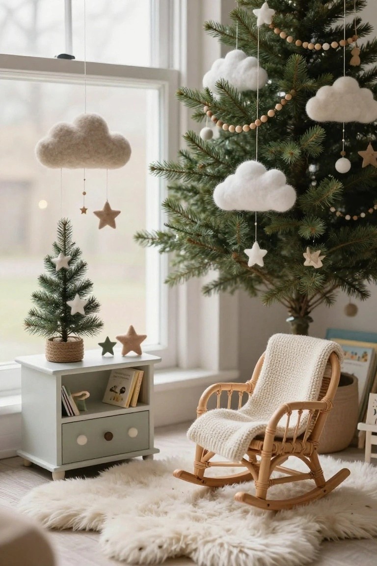 A slim Christmas tree decorated with hanging white felt clouds, wool stars, and wooden bead garlands stands by a window in a nursery room with a small potted tree on a side table, bookshelves, and a rattan rocking chair on a white shag rug.