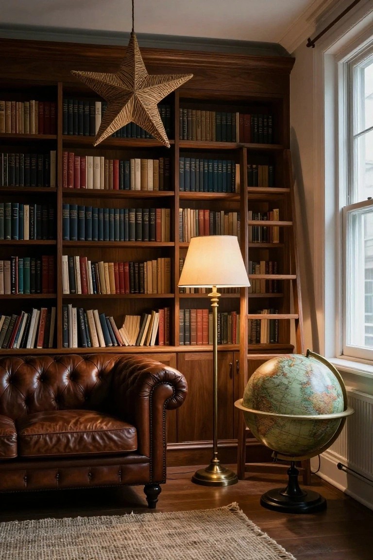 Wood-paneled library interior with tall bookshelves filled with books, brown leather armchair, brass floor lamp, green globe on stand, and large woven straw star hanging from ceiling near window.