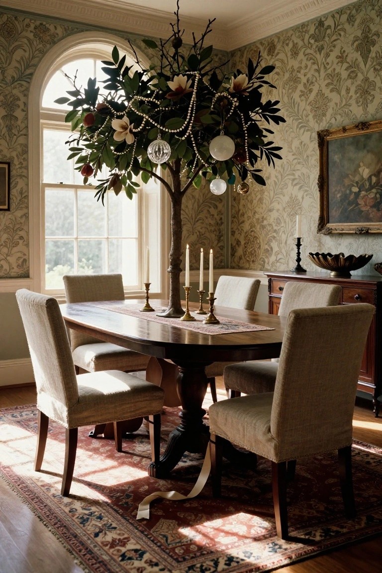 Dining room with artificial magnolia tree decorated as Christmas tree using pearl strands, glass orbs, and leaves, oval wooden table with runner and candelabras, beige upholstered chairs, ornate wallpaper, sideboard, and Persian rug.