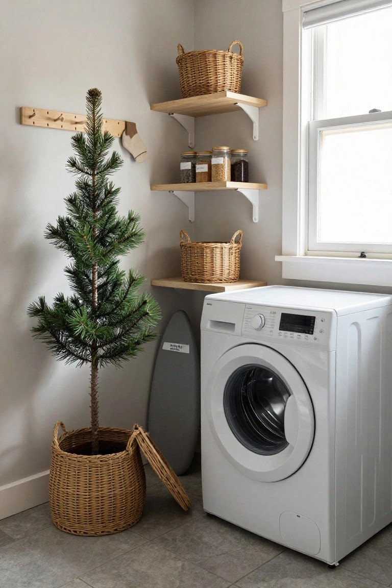 Small potted evergreen Christmas tree in an open wicker basket next to a white front-loading washing machine in a laundry room corner, with wooden shelves, woven baskets, glass jars, and a gray surfboard leaning nearby.